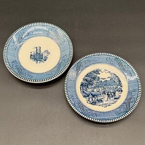 Currier and Ives Harvest dessert plate and Low Water on the Mississippi Saucer